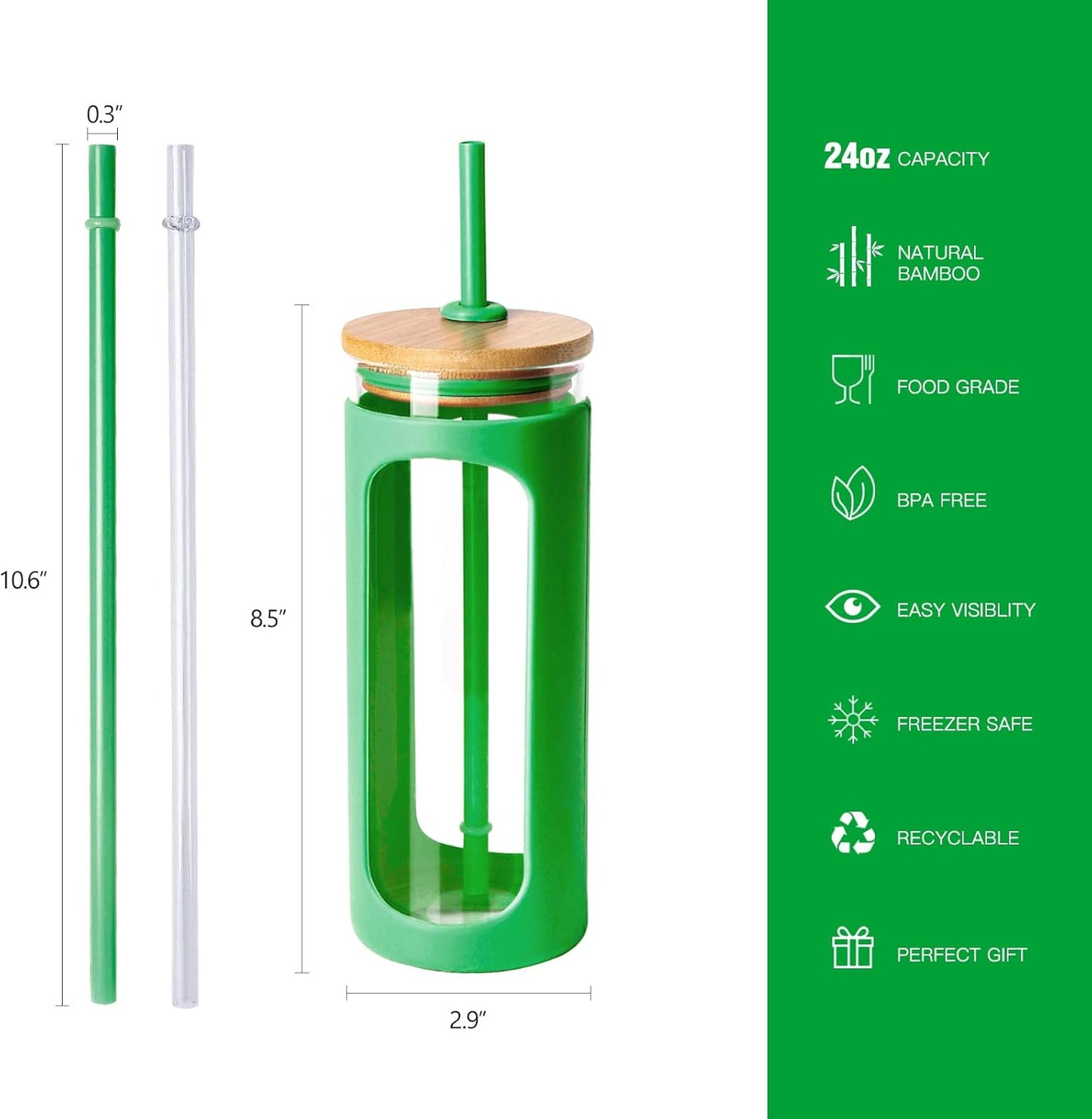 Kodrine 20oz Glass Tumbler with Straw and Lid, Iced Coffee Cups with Bamboo Lids, Glass Cups for Cold Drinks, Smoothie Cup with Silicone Sleeve for Travel, Work, BPA FREE-SpringGreen