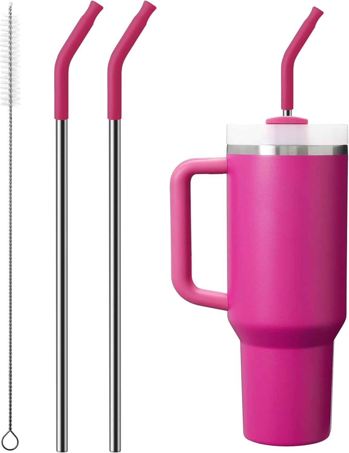 Metal Straw with Silicone Tip for 40oz Stanley Cup, 2 Pcs Stainless Steel Straws Replacement for Stanley 40 oz Adventure Quencher Travel Tumbler Cup, 1 Straw Brush (Fuchsia Red)