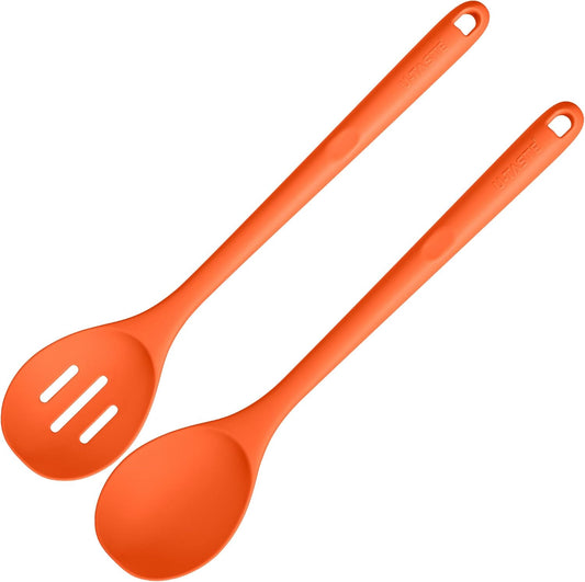 600ºF Heat Resistant Silicone Spoons: U-Taste 13.3in Solid & Slotted Kitchen Cooking Spoon, Nonstick Long Rubber Utensil, Sturdy for Mixing, Serving, Stirring, Frying, Draining (Orange, 2PCS)