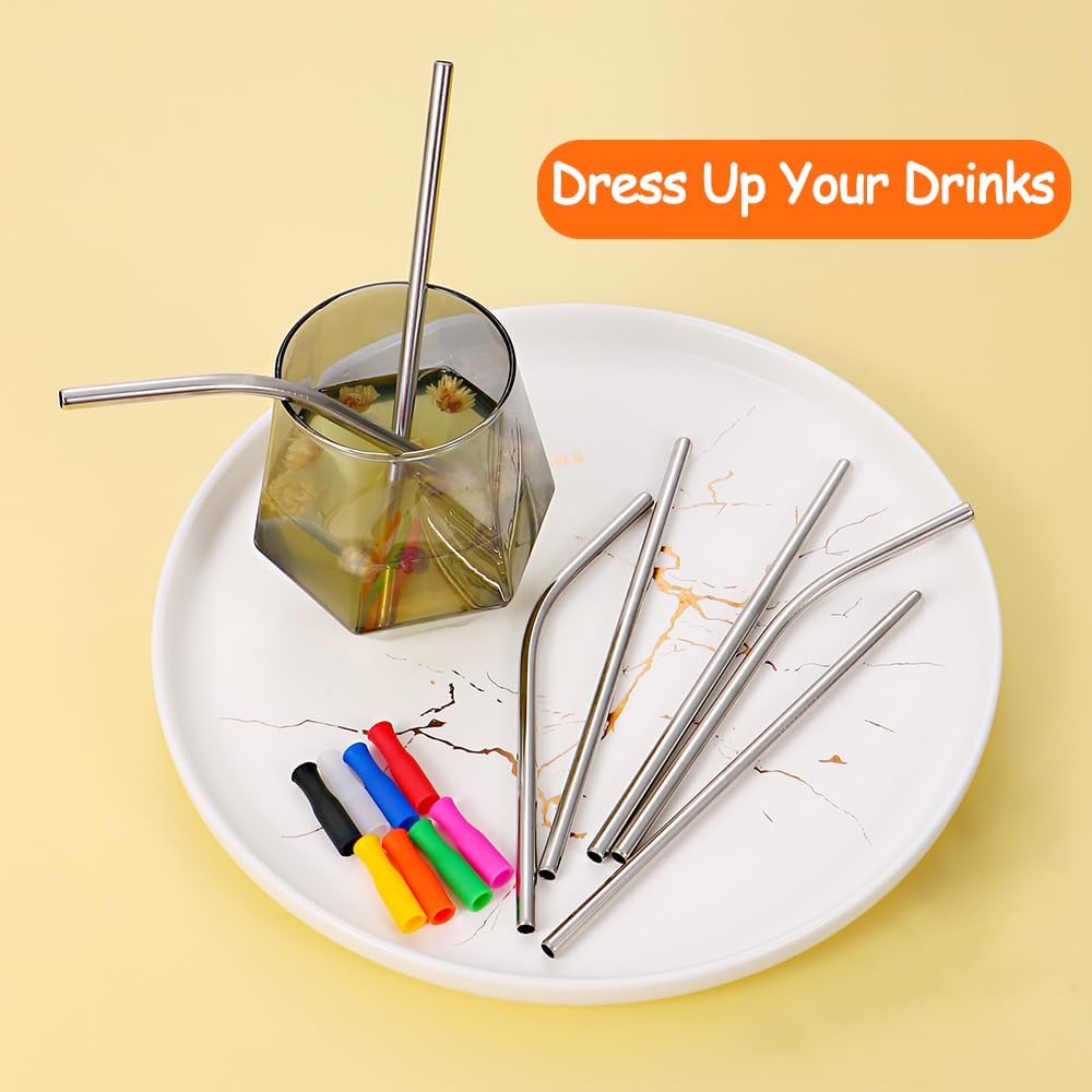 Lazycorner 16 Pcs Short Metal Straw, 6mm 5.5" 6.5" Kids Reusable Straw Silicone Tips Cleaner, Mini Small Stainless Steel Straws Fit 8 10 12 oz Tumbler/Wine Tumblers, Reusable Cocktail Straws(Silver)