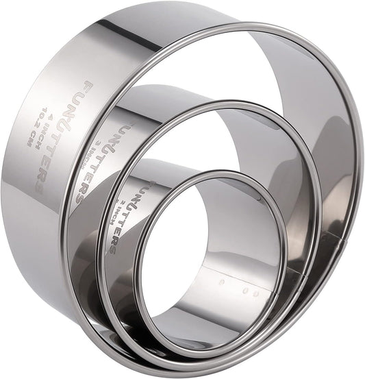 Cookie Cutter Set, 3 Pc Kit, Measuring 2'', 3'', and 4'', Round Metal Baking Rings for Pastry, Biscuits, and Dough Cutting, Heavy Duty and Reusable, Multiple Sizes