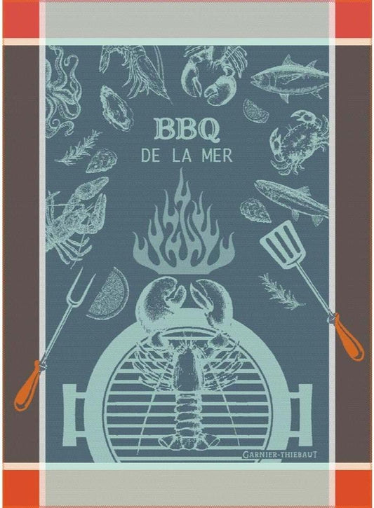 Garnier Thiebaut BBQ De La Mer Bleu (Blue Sea BBQ) French Kitchen Towel 22"x30", Cotton, Jacquard