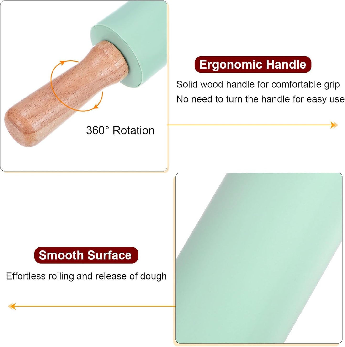 HARFINGTON Silicone Rolling Pins for Baking 14.96 Inch Non-Stick Silicone Surface Wooden Handle Rolling Pin Small Roller Playdough Rolling Pins for Fondant Kitchen Dough Pizza, Green