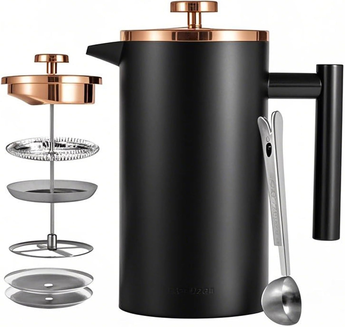 Black French Press Stainless Steel 34oz, Double Wall Insulated Coffee Press 1L for travel camping with 2 Extra Filter Screens and 1 Coffee Spoon（8cup 1000ml）