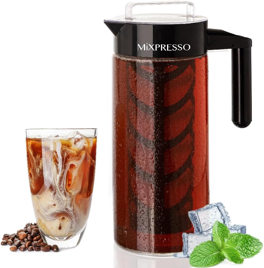 Mixpresso Cold Brew Maker For Iced Coffee and Iced Tea, Cold Coffee Maker Glass Pitcher, Tea Infuser For Loose Leaf Tea, 44oz Large Ice Tea Brewer with Easy to Clean Reusable Mesh Filter.