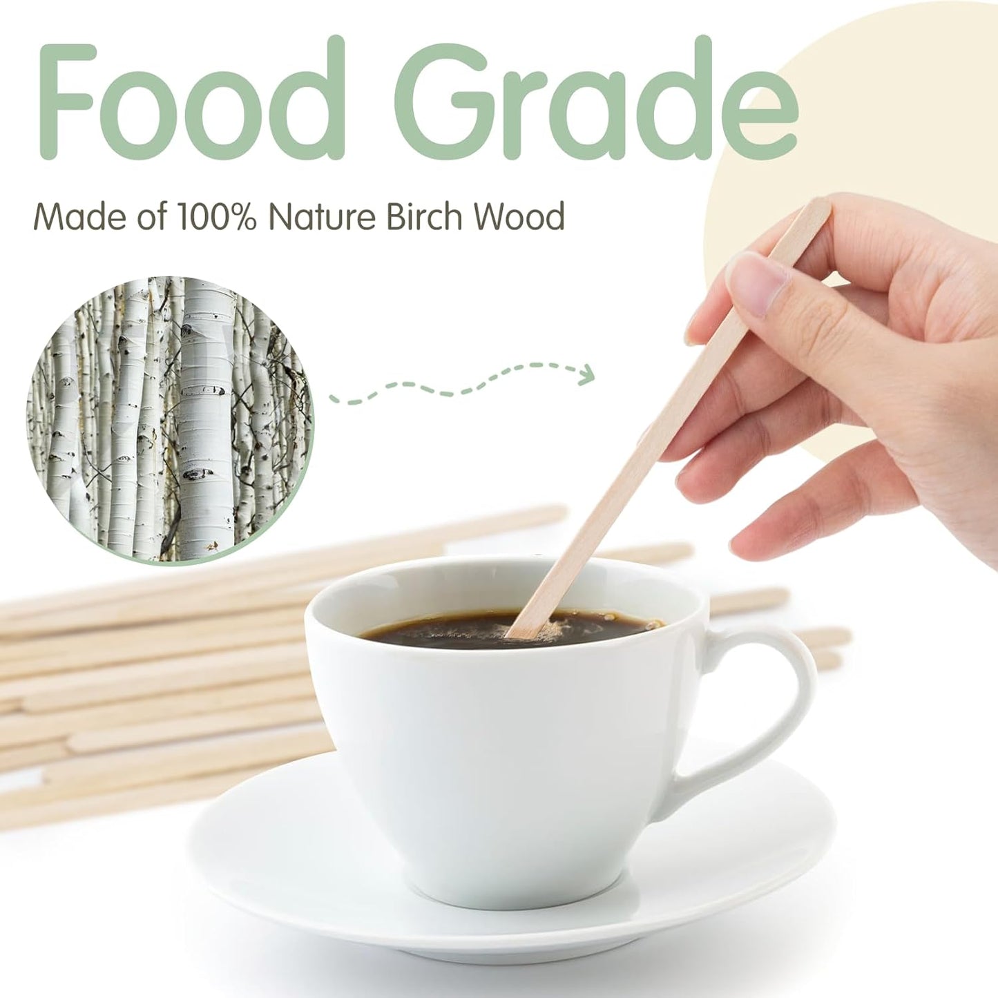 WISYOK 500 PCS Coffee Stirrers, 7 Inch Premium Birch Wood Sticks, Smooth Round Ends, Splinter-Free Disposable Stir Sticks for Coffee, Cocktails, Office, Home Use