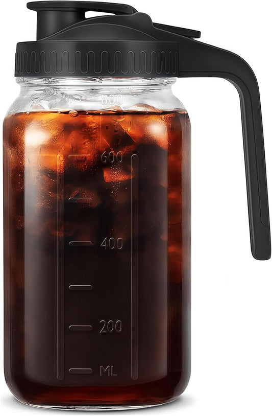 32oz Glass Pitcher with Handle and Lid, 1 Quart Mason Jar Pitcher - Airtight & Leakproof Water Jug with Pour Spout Lid, Glass Containers for Fridge, Perfect for Juice, Cold Brew, Iced & Sun Tea