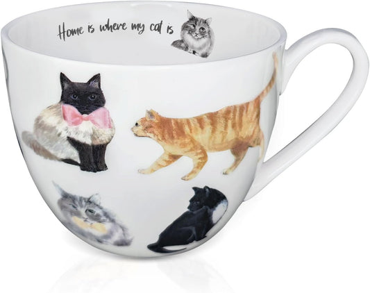 Cute Cat Mugs for Daily Coffee and Tea, Premium 20 oz Bone China Coffee Tea Hug Mug, Perfect Holiday and Birthday Gift for Cat Lovers, Designed in England by Harvest Green Studio