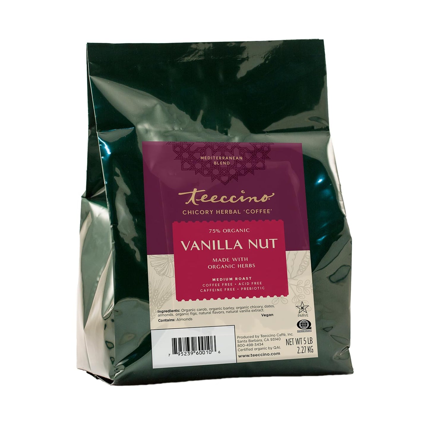Teeccino Vanilla Nut Chicory Coffee Alternative, 5 Lb Bag - Ground Herbal Coffee That’s Prebiotic, Caffeine Free & Acid Free, Medium Roast