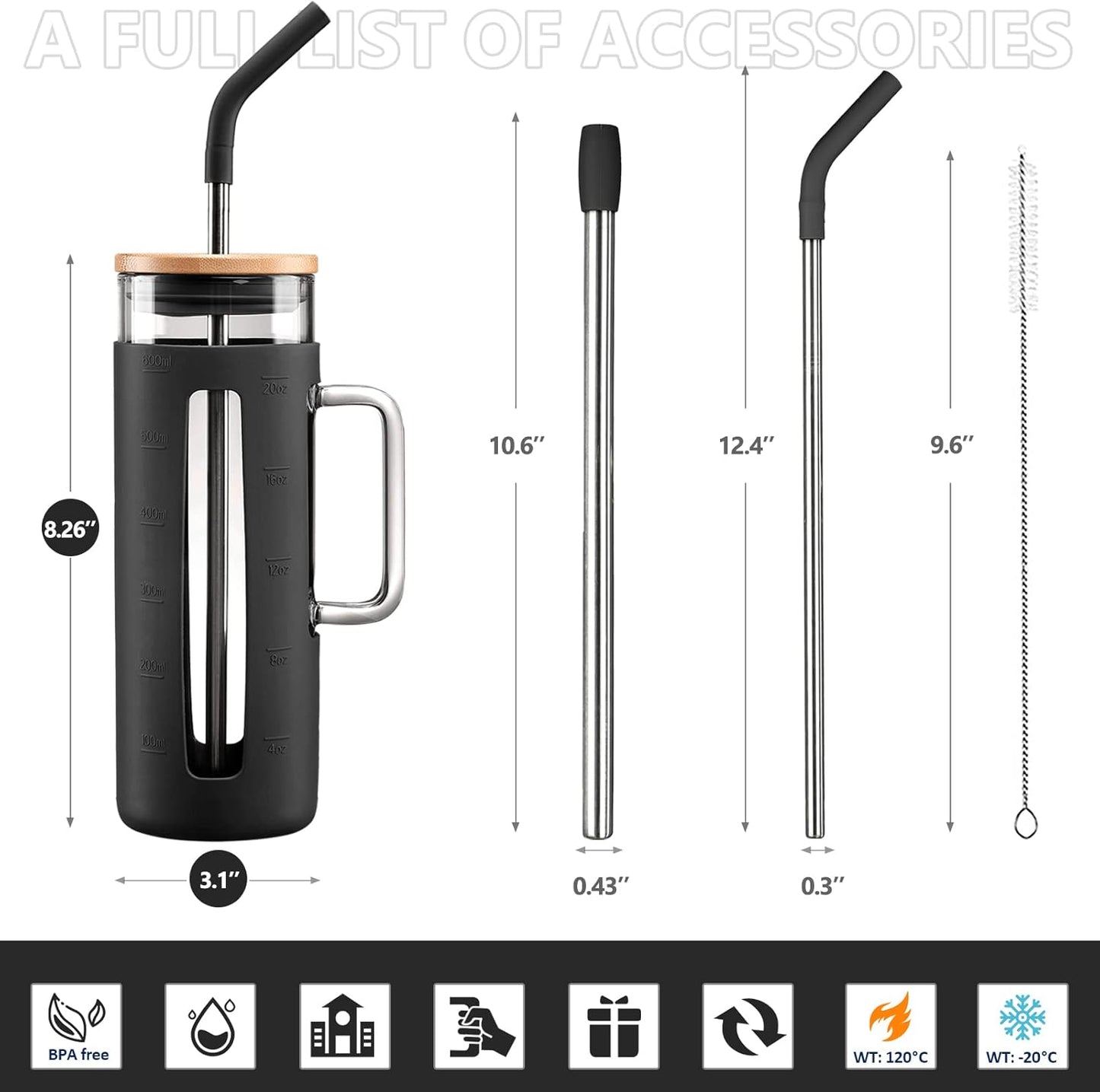 Kodrine Tumbler with Lid and Straw, 20 oz Glass Coffee Tumbler with Handle, Smoothie Cup with Bamboo Lid | Time Marker | Silicone Protective Sleeve, BPA Free - Black