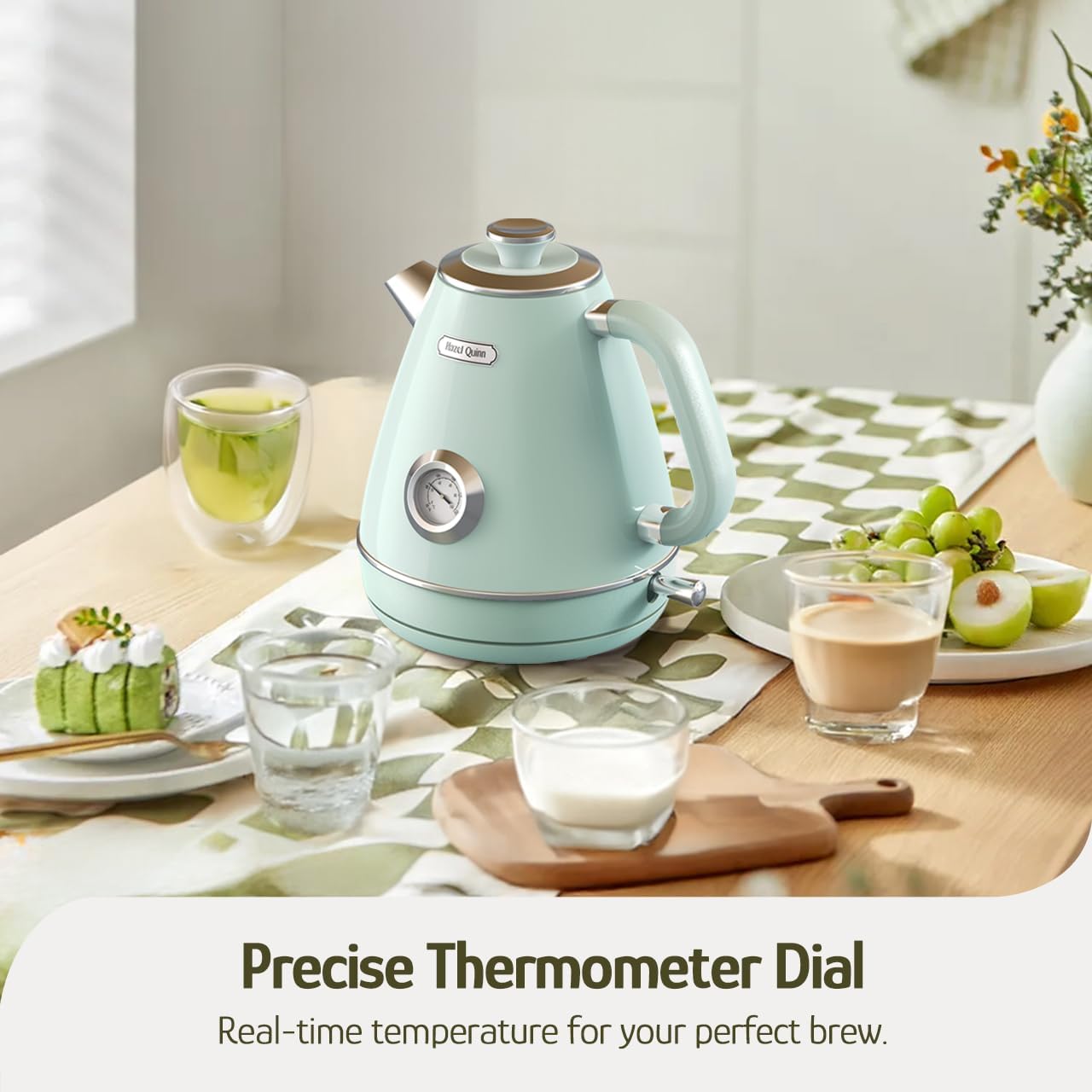 Hazel Quinn Retro Electric Kettle - 1.7 Liters / 57.5 Ounces Tea Kettle with Thermometer, All Stainless Steel, 1200 Watts Fast Boiling, BPA-free, Cordless, Automatic Shut Off - Mint Green