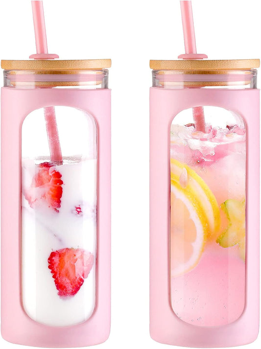 Kodrine 20oz Glass Tumbler with Straw and Lid, Bamboo Lids Water Bottle, Reusable Iced Coffee Cups, Wide Mouth Smoothie Cup with Protective Silicone Sleeve BPA FREE-Pink-2pack