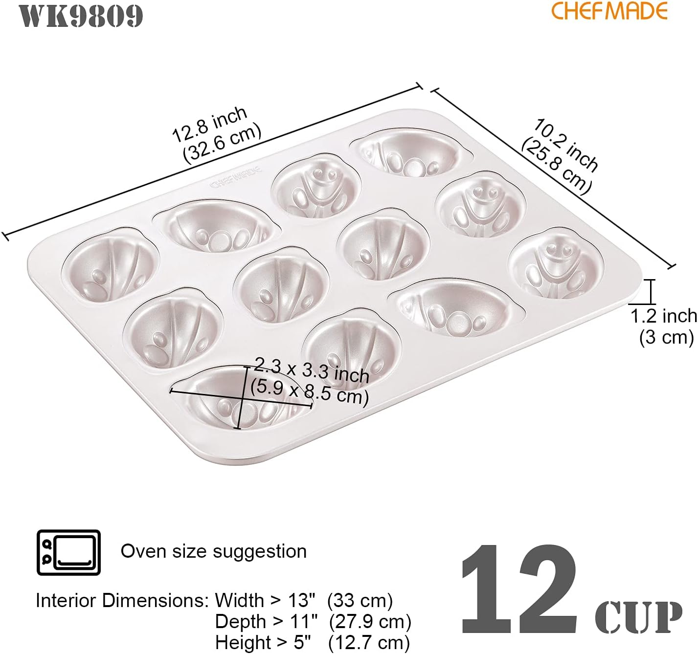 CHEFMADE Beetle Cake Pan, 12-Cavity Non-Stick Animal Muffin Bakeware for Oven Baking (Champagne Gold)