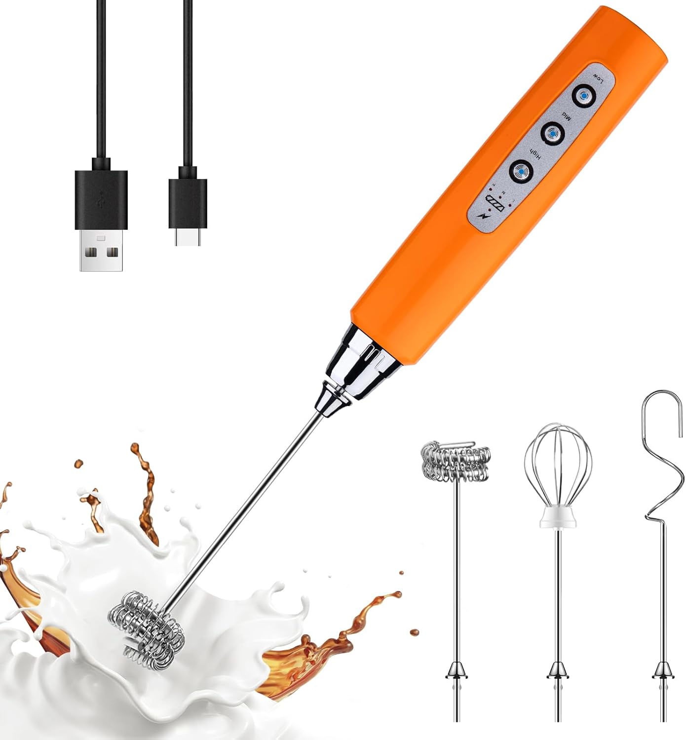 YUSWKO Fluorescence Orange Handheld Milk Frother Wand for Coffee, Rechargeable Electric Whisk with 3 Heads 3 Speeds Drink Mixer Coffee Frother For Latte, Cappuccino, Hot Chocolate, Egg