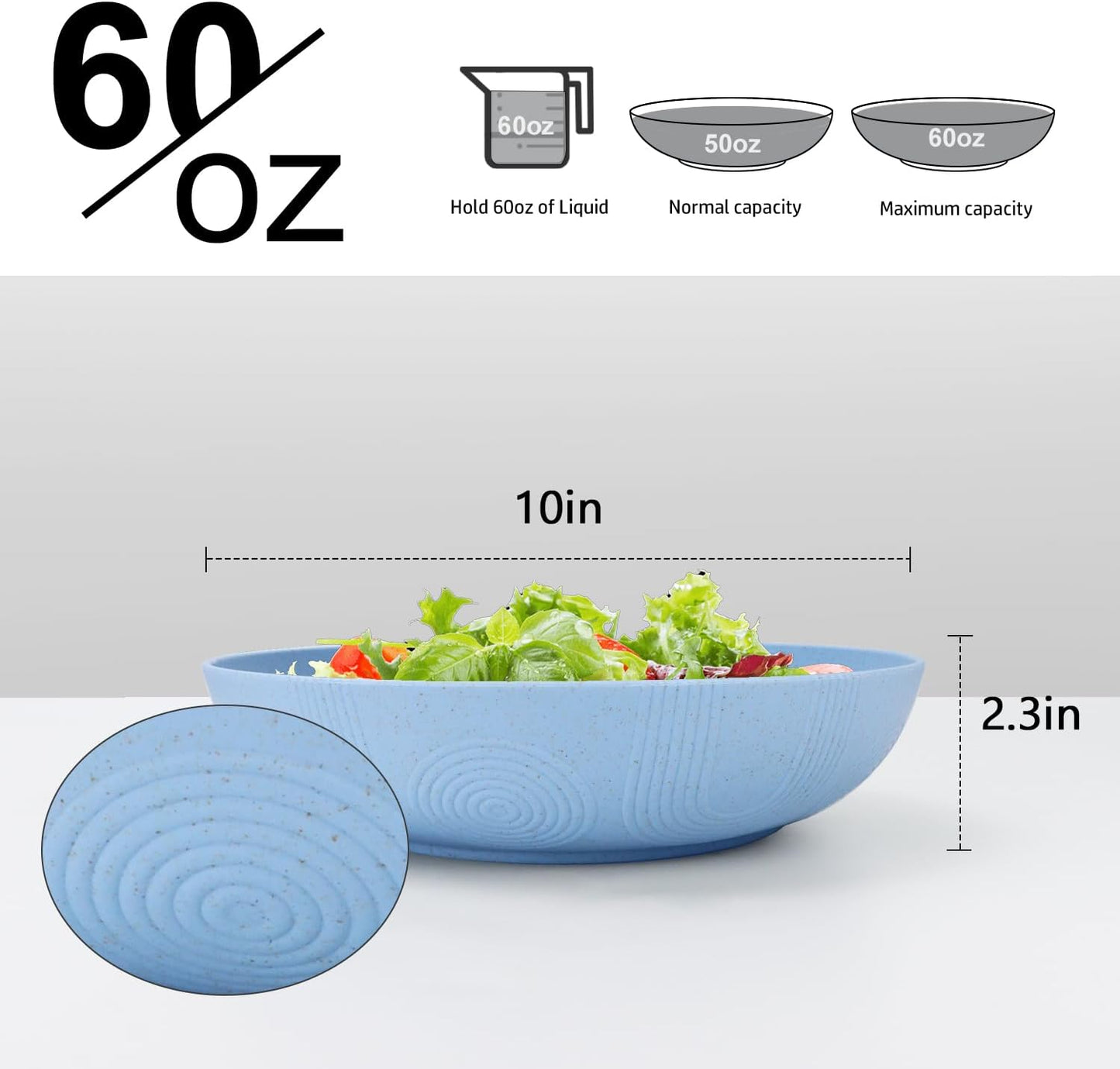 Homienly Wheat Straw Big Bowls Salad Bowls Set of 6 10 inch Serving Bowls 65 oz Large Bowls Plastic Plates Bowls Wide and Shallow Bowls for Kitchen Microwave & Dishwasher Safe-Sky Blue
