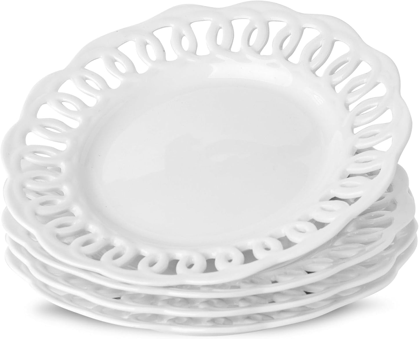 fMBB Round Appetizer Plate with Scalloped Edge Lace Rim, Set of 4, White 8 inch Ceramic Dessert Plates, Small for Cake Snack Side Dish, Microwave and Dishwasher Safe