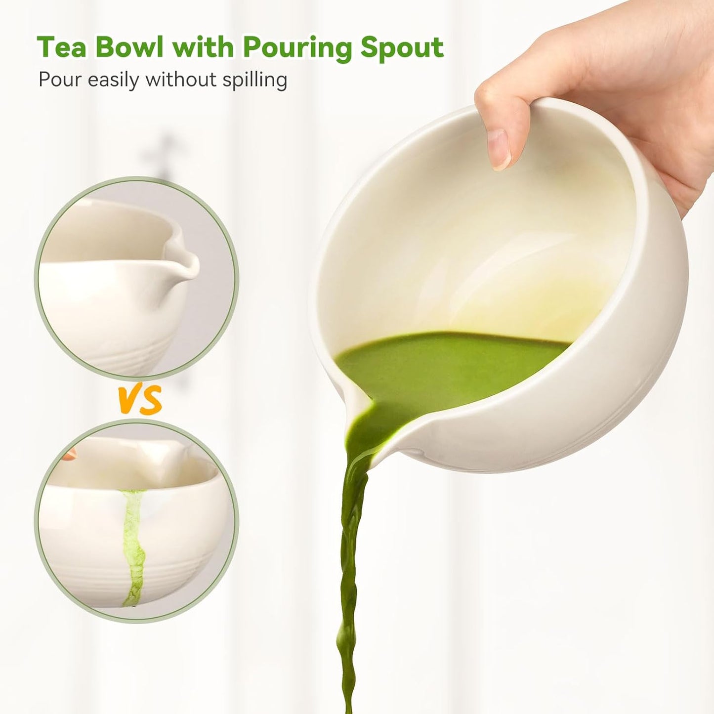 Matcha Tea Kit 10-Pcs Set, Whisk and Bowl with Spout & Measuring Spoon, Japanese Tea Making Tools, White