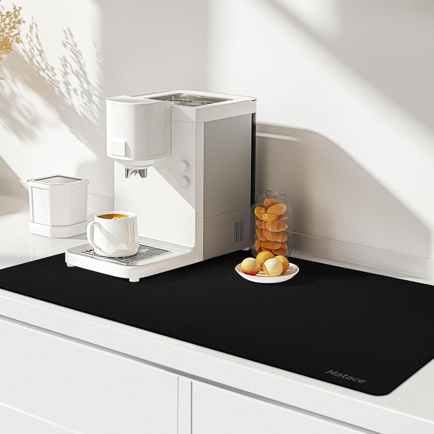 Matace Designer Coffee Bar Mat, Extra Large 17 x 31.5 Inches, Rubber Backing, Absorbent Coffee Maker Mats for Dish Drying, Kitchen Countertop, Heat Resistant, Solid Black