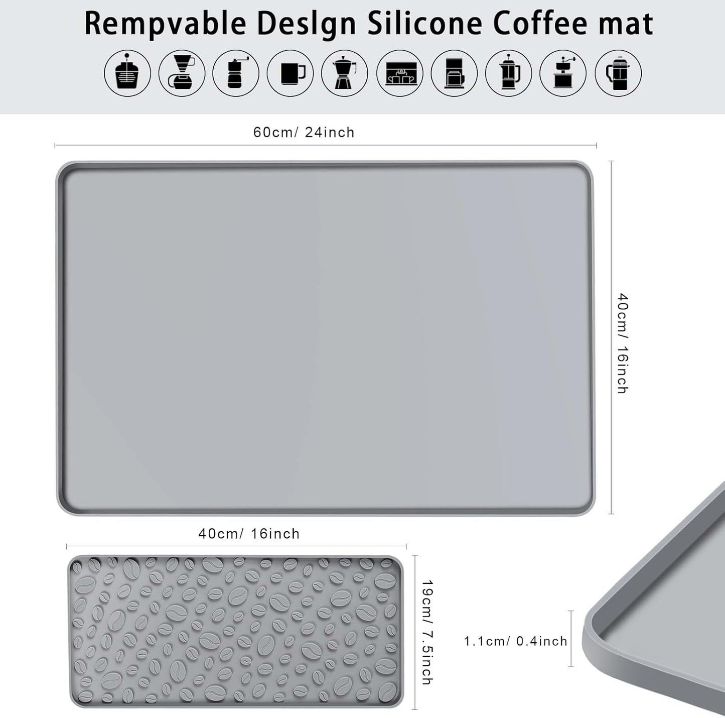 Silicone Coffee Bar Mat 24''x16'' Non-Slip Coffee Maker Mat, Heat-resistant Silicone Mat Detachable Dish Drying Mats for Kitchen Countertops, Waterproof Under Pad (Grey, 24''x16'')