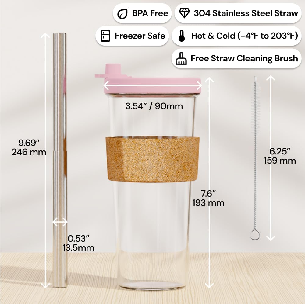 Dodoko Reusable Boba Cup with Straw - Iced Coffee & Smoothie Tumbler 24 oz - Bubble Pink