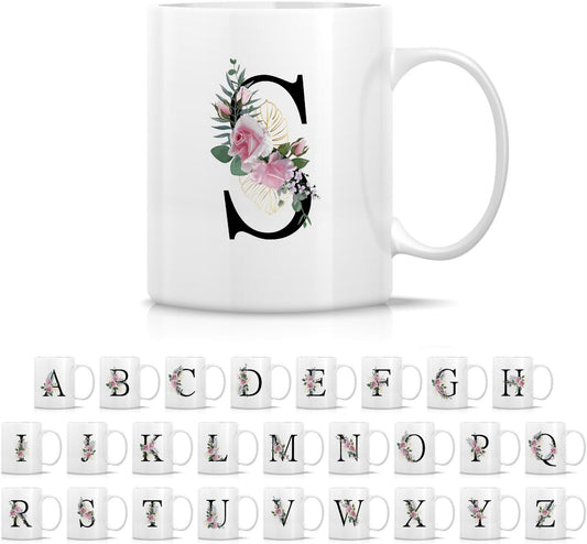 Retreez Initial A-Z Floral Botanical Bouquet Alphabet Monogrammed Monogram Mug 11 Oz Ceramic Tea Coffee Mugs - Appreciation Thank You Wedding Birthday Gifts for her friend coworker sister - S Initial