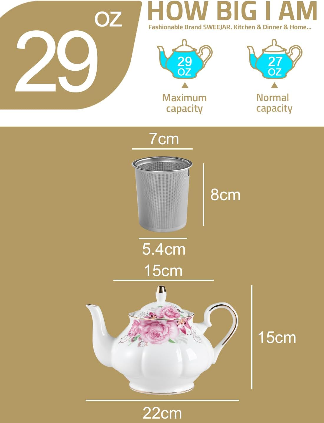 Sweejar Ceramic Teapot with Infuser, Floral Relief Gold Rimmed Teapot, 29 OZ Porcelain Tea Pot for Blooming and Loose Tea, Coffee...(Small Flower)