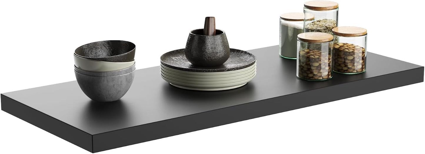 Wall Shelf Set of 1, Black Floating Shelves 24 in W x 10 in D x 1 in H, Wooden Floating Wall Shelf with Invisible Brackets for Living Room/Bedroom/Bathroom/Kitchen Storage and Decor