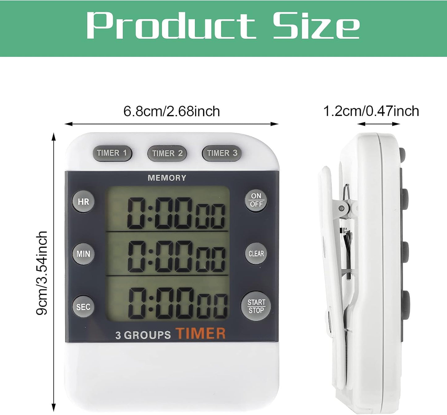 Photect 2-Piece Digital Dual Kitchen Timer, 3 Channels, Count UP/Down, Cooking Timer with Magnetic Back, Loud Alarm, Large Display, Countdown Hour Meter for Cooking, Classroom, Kids, Teacher, Study