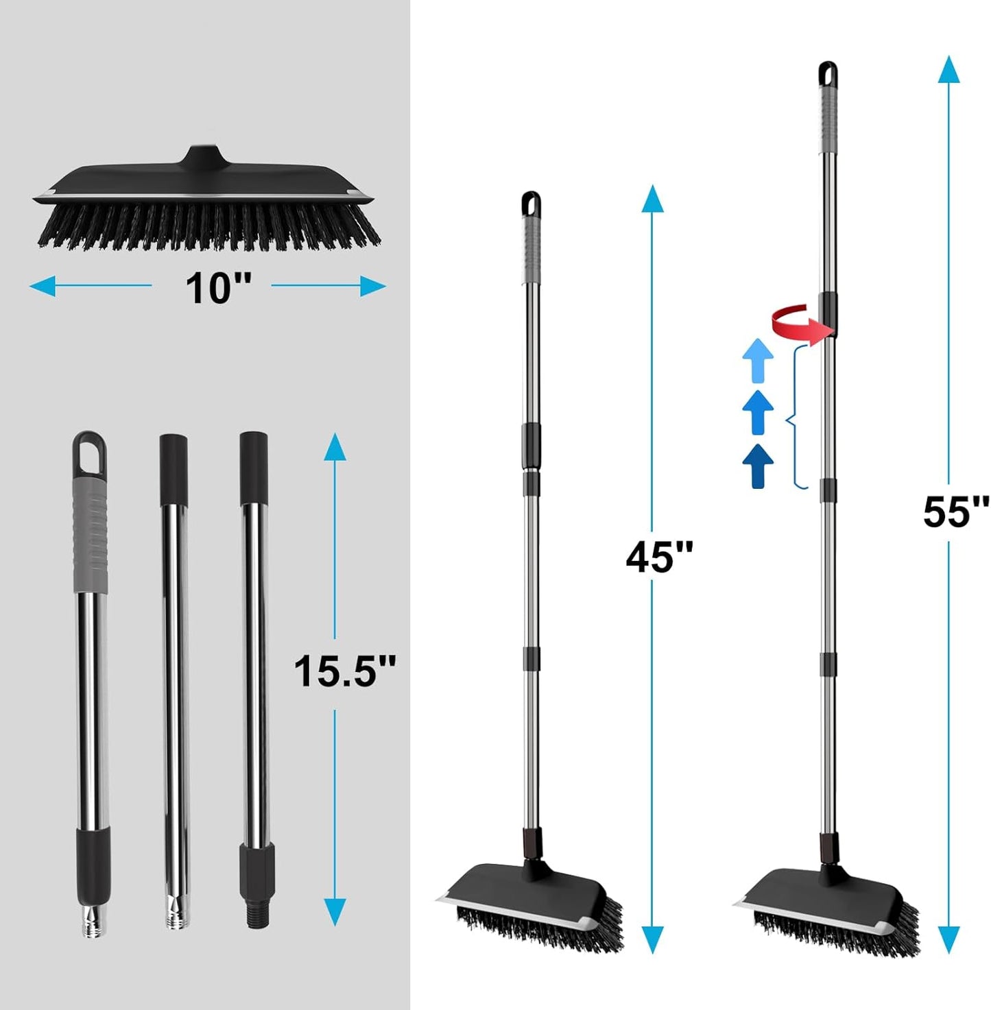 ITTAR Scrub Brush with Long Handle, 10" Wide Stiff Bristles Deck Brush, Heavy-Duty Floor Cleaning Brush, 2-in-1 Scrubber Squeegee Broom for Cleaning Patio, Pool, Kitchen, Garage, Bathroom Floor-Black