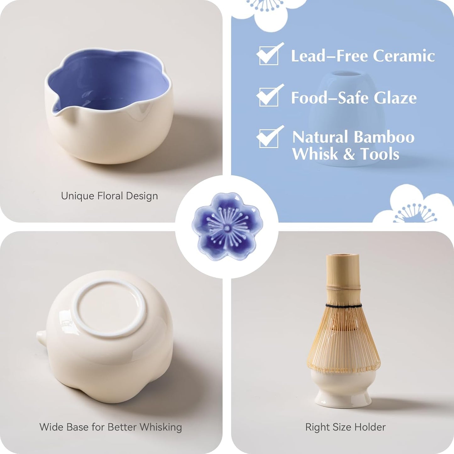 Matcha Set, 8Pcs Floral Ceramic Matcha Set with Matcha Whisk, Holder, Scoop, Scoop Rest, Sifter, Spoon and Tea Towel - Thoughtful Matcha Whisk Set Gift for Matcha Lovers (Beige & Blue)