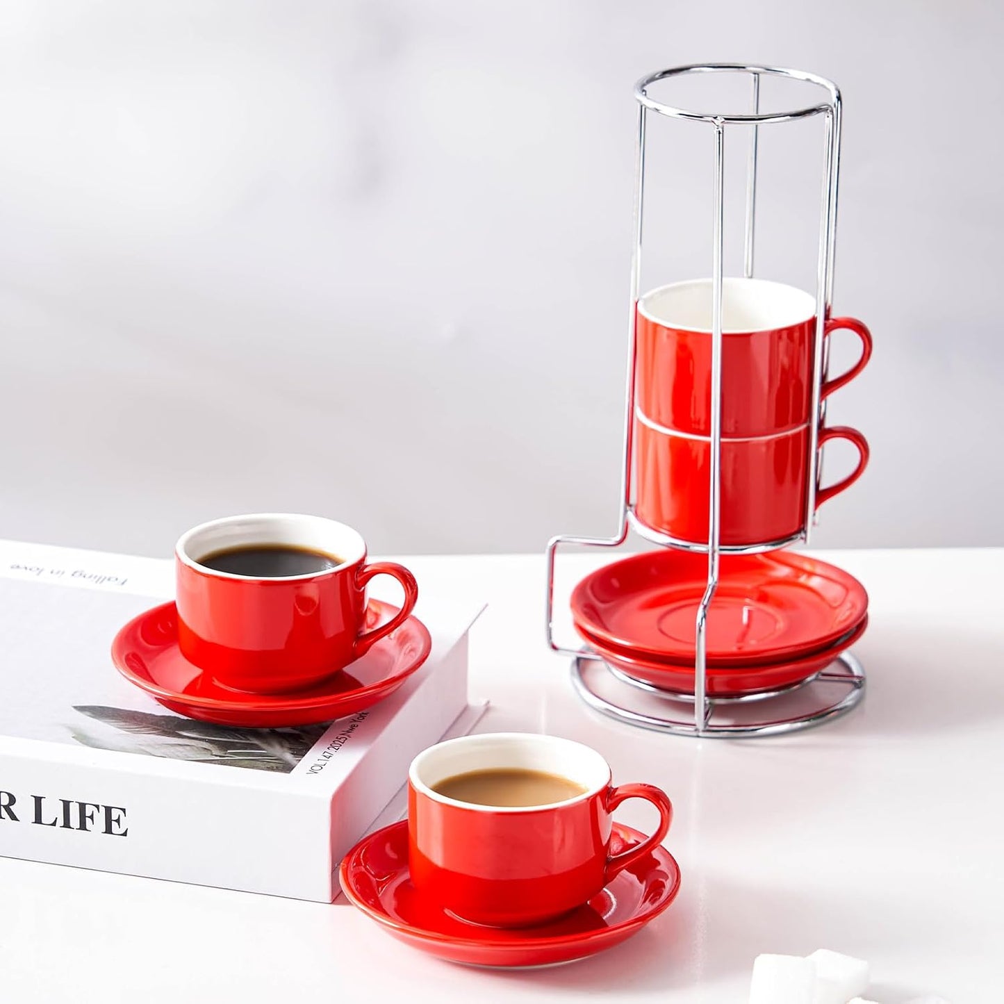 2.5 Ounce Porcelain Espresso Cups with Saucers and Silver Stand, Red Stackable Cups Set of 4
