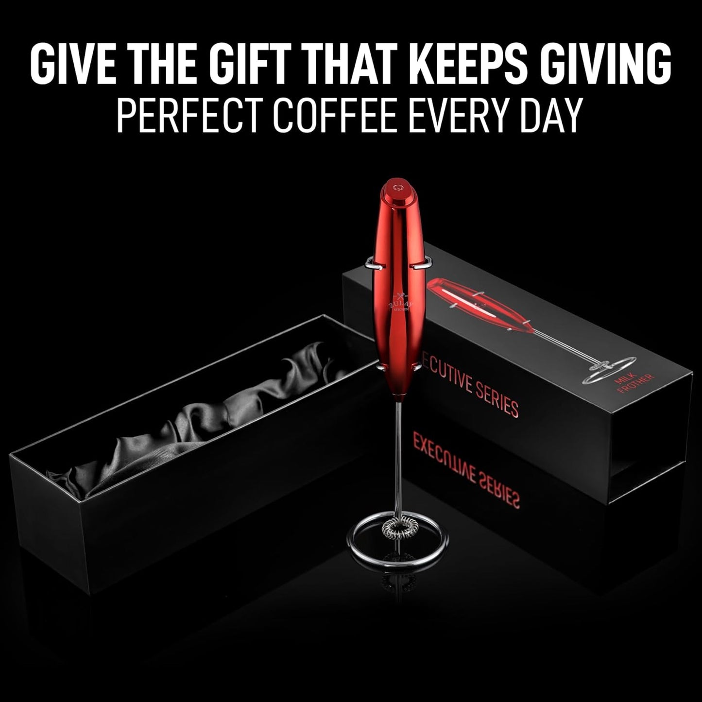 Zulay Executive Series Ultra Premium Gift Milk Frother For Coffee with Deluxe, Radiant Finish - Coffee Frother Handheld Foam Maker - Electric Milk Frother Handheld For Lattes Premium UV Red