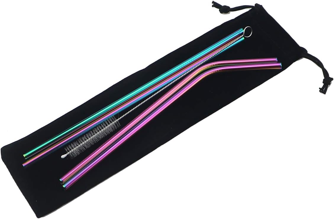 Gugrida Metal Straws Stainless Steel Straws 8.5" Drinking Straws Reusable 4 Set - Ultra Long Muti Color-Cleaning Brush for 20/30 Oz for Trail Tumblers Yeti RTIC SIC Ozark (2 Straight|2 Bent|1 Brush）