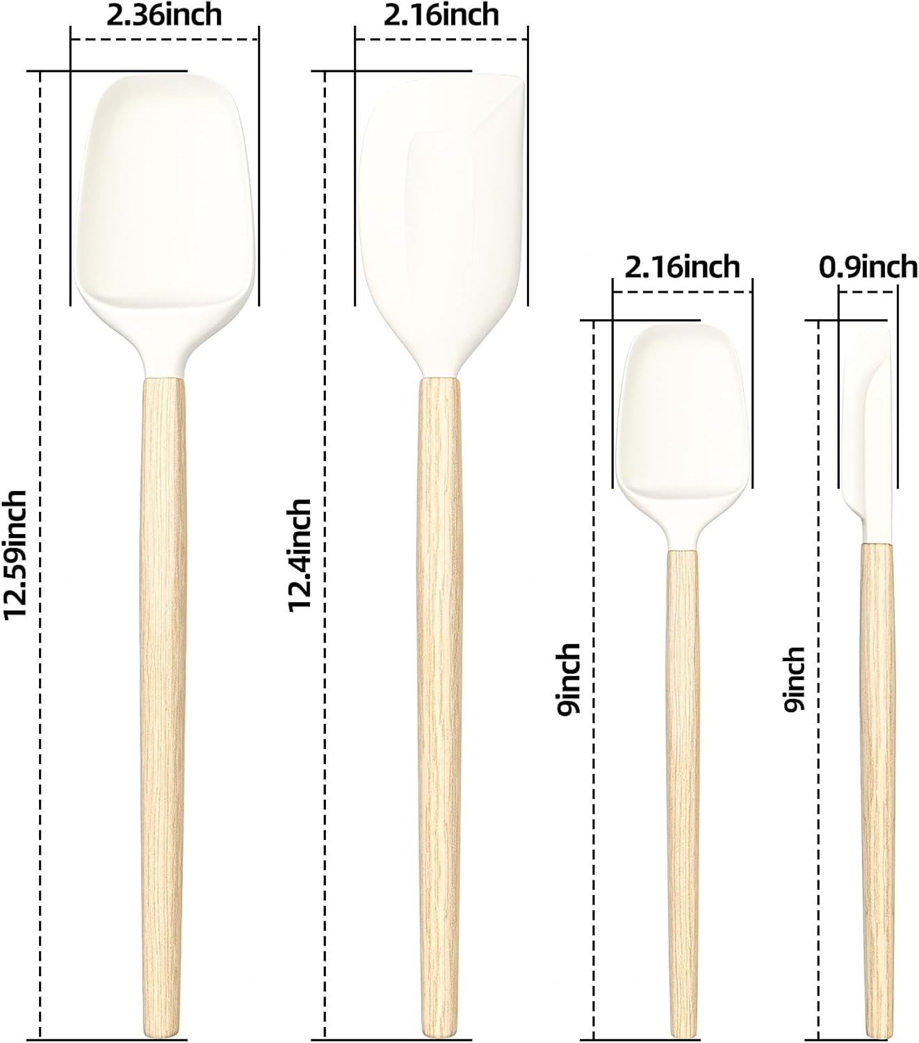 Wooden Handle Silicone Rubber Spatula Set for Kitchen Baking, Cooking, and Mixing High Heat Resistant Non Stick Dishwasher Safe BPA-Free Black+blue Set of 2 (Wooden Handle Spatula 4Piece)