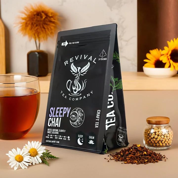 Revival Tea Company Sleepy Chai Tea - Rooibos Chai Tea Red Tea Blend with Valerian Root and Fresh Spiced Chai Flavor - Caffeine Free - 24 Tea Bags