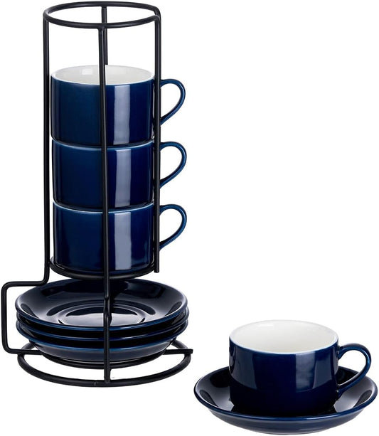 2.5oz Porcelain Stackable Espresso Cups with Saucers and Metal Stand Set of 4, Stackable Cappuccino Cups, Blue Expresso Shots Cup Set for Coffee Drinks, Latte, Tea