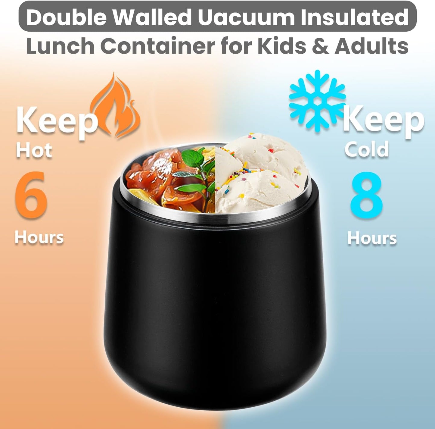 20oz Insulated Vacuum Food Jar with Buckle Lid,Soup Thermo for Hot Food Kids,Wide Mouth Leakproof Stainless Steel Lunch Container with Spoon-Black