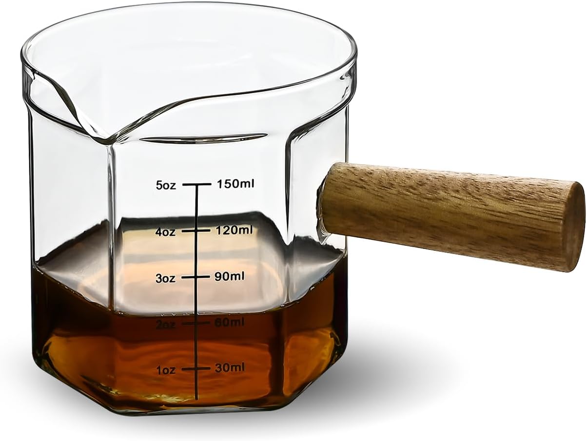 Glass Measuring Cup, 5oz Clear Espresso Shot Glass with Wood Handle, Single Spout Measuring Triple Pitcher Milk Cup for Coffee Tea (Transparent)