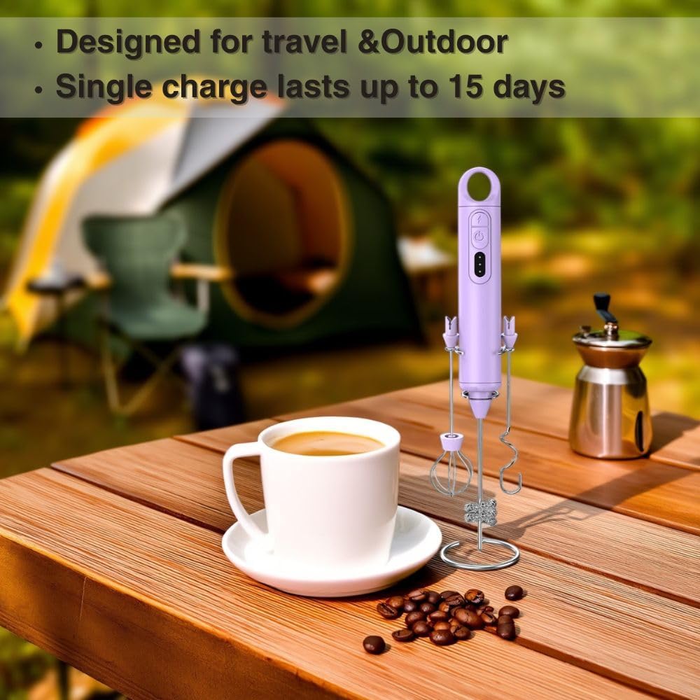 Rechargeable Milk Frother Handheld 3 Speed Coffee Foamer [3 Whisk] Electric Drink Mixer for Latte, Cappuccino, Coffee, Eggs, Hot Chocolate, Purple