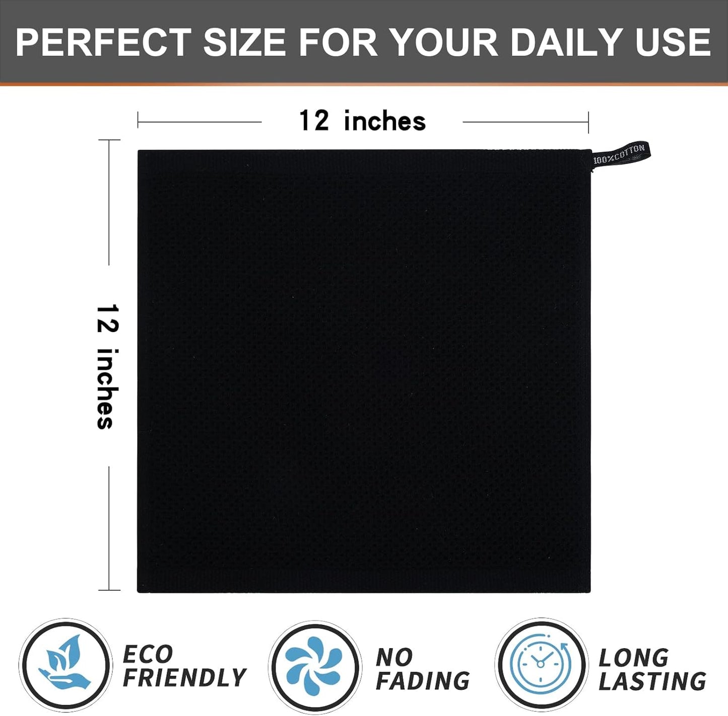 Kitinjoy 100% Cotton Kitchen Dish Cloths, 8 Pack Waffle Weave Ultra Soft Absorbent Dish Towels for Drying Dishes Quick Drying Kitchen Towels Dish Rags, 12 X 12Inch, Black