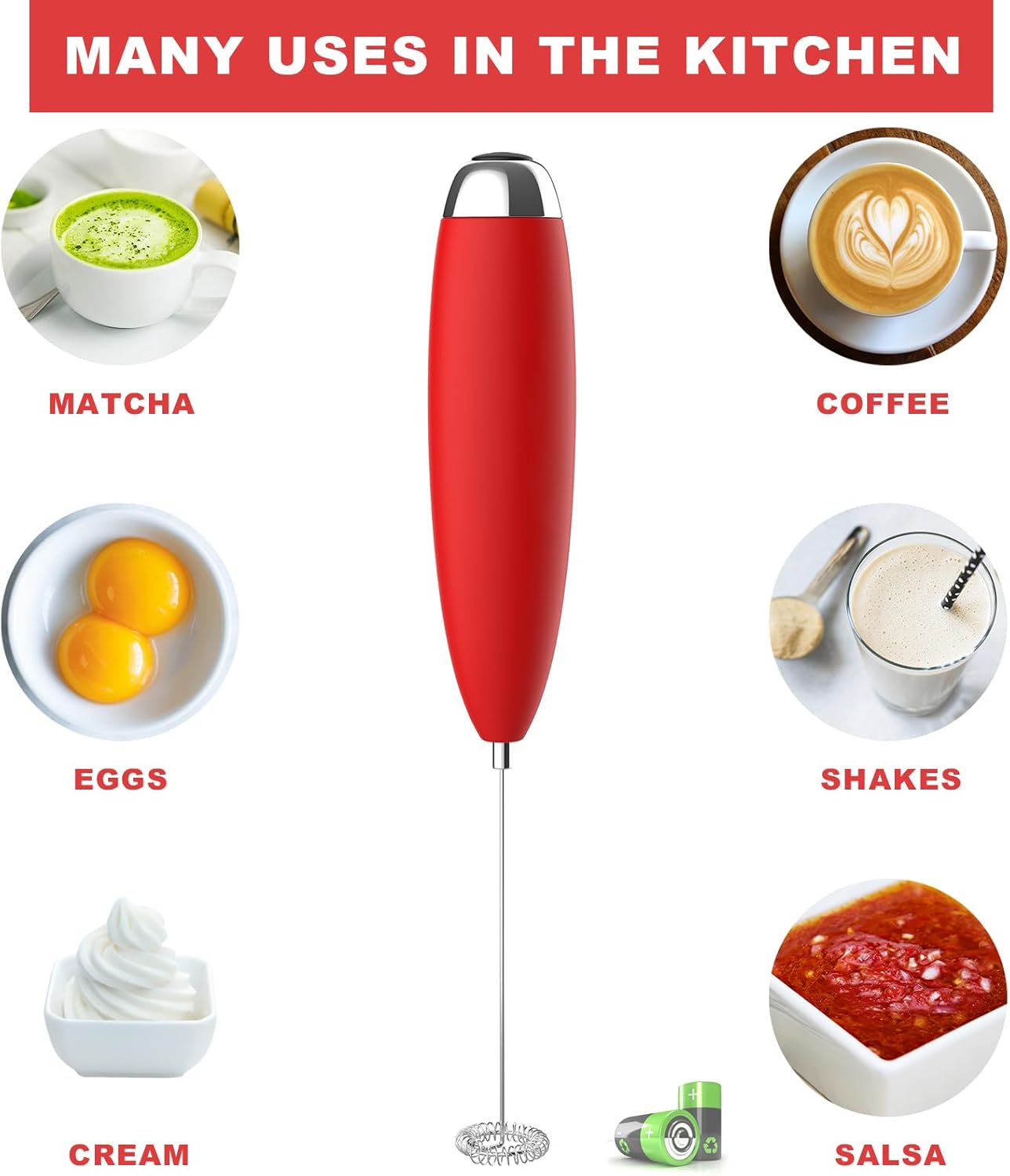 Electric Milk Frother Handheld For Coffee, Upgraded Motor Electric Whisk Durable Low Noise Mini Drink Mixer Portable Foam Maker For Cold Milk Bulletproof Coffee Latte Cappuccino Matcha in Kitchen, Red