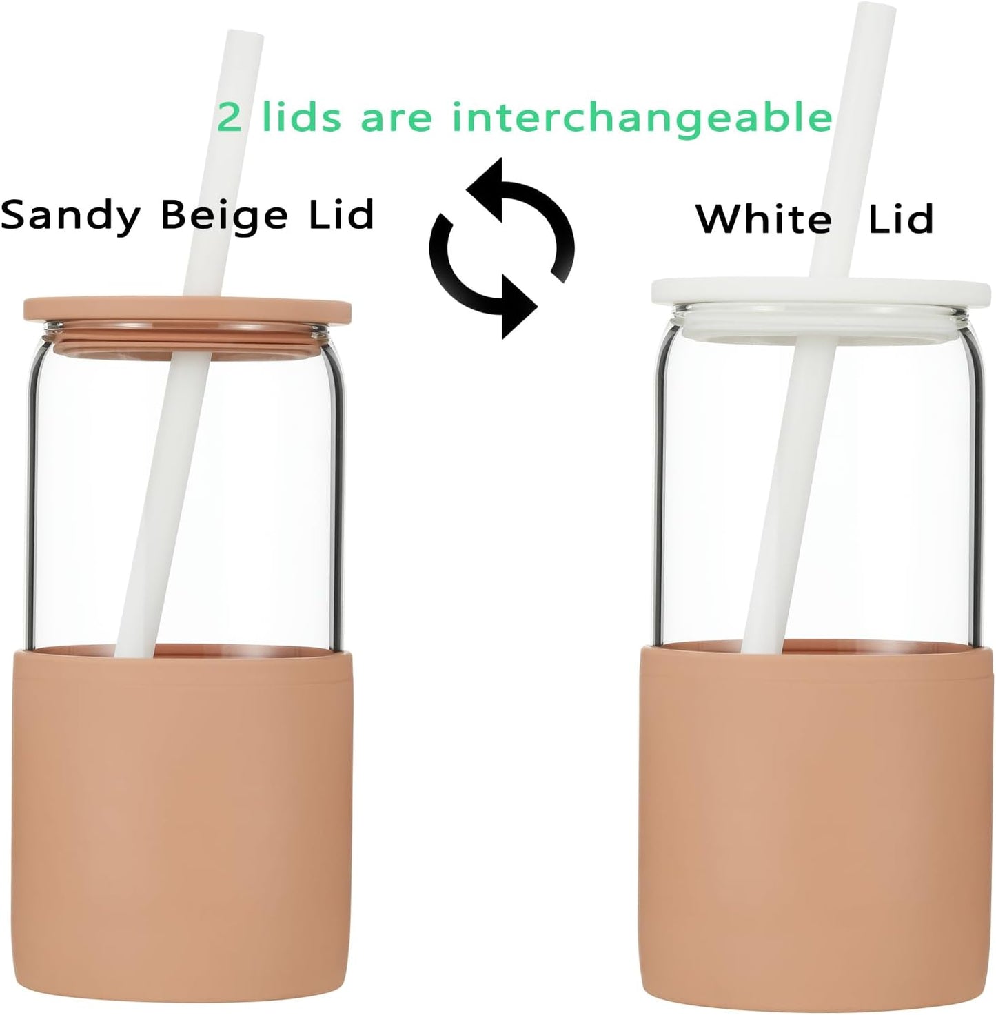 Sunseeke Glass Tumbler with Straw and Lid, 16oz Ice Coffee Cup, Silicone Sleeve Cleaning Brushes, Drinking Glasses for Water, Iced Coffee, Smoothie - BPA Free (Sandy Beige)