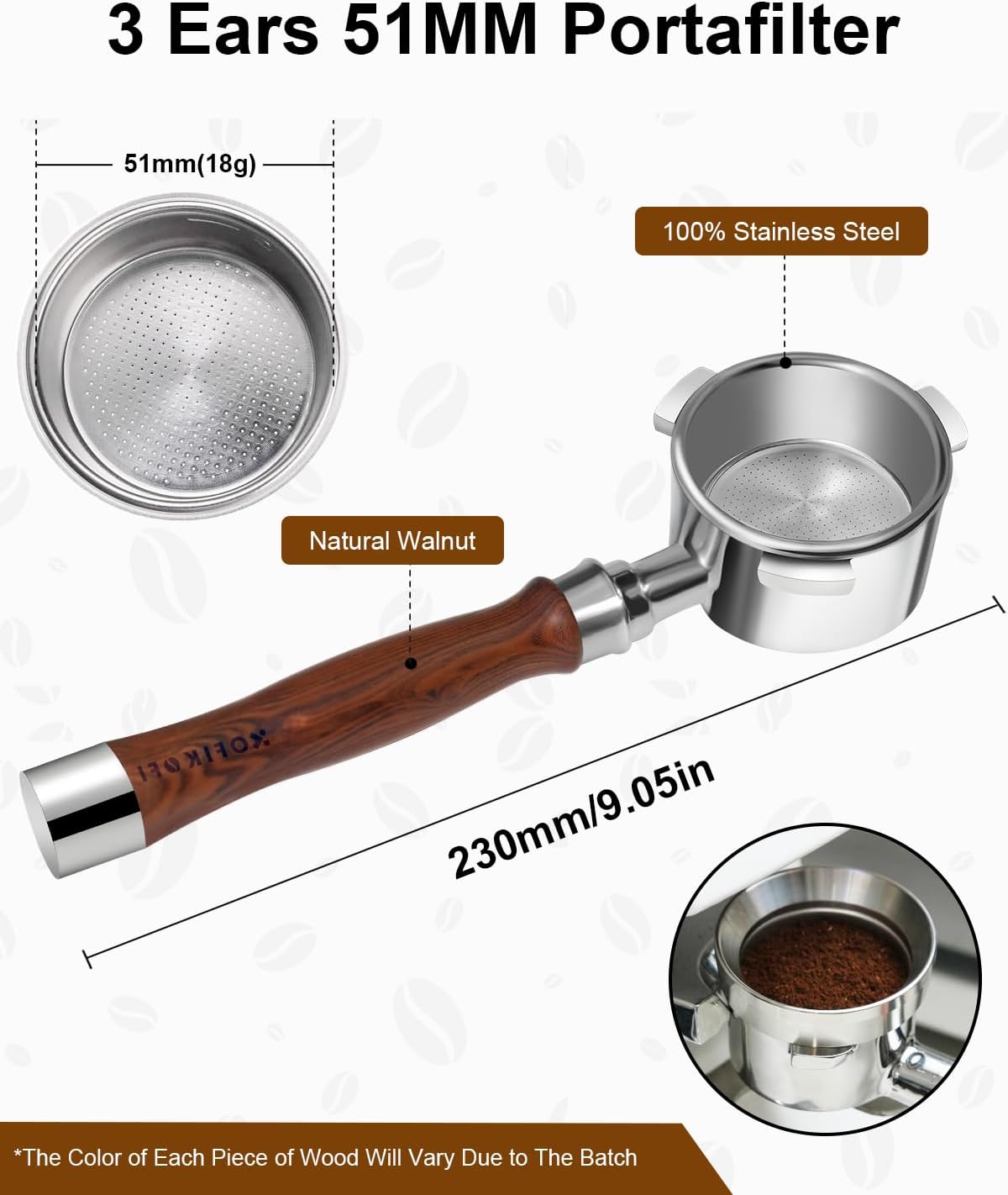 51mm Bottomless Portafilter 3 Ears Compatible with Delonghi Dedica EC680/EC685/EC885 and SMEG, EUPA Espresso Machines, Espresso Naked Bottomless Portafilter with Puck Screen and 18g Filter Basket-Wood