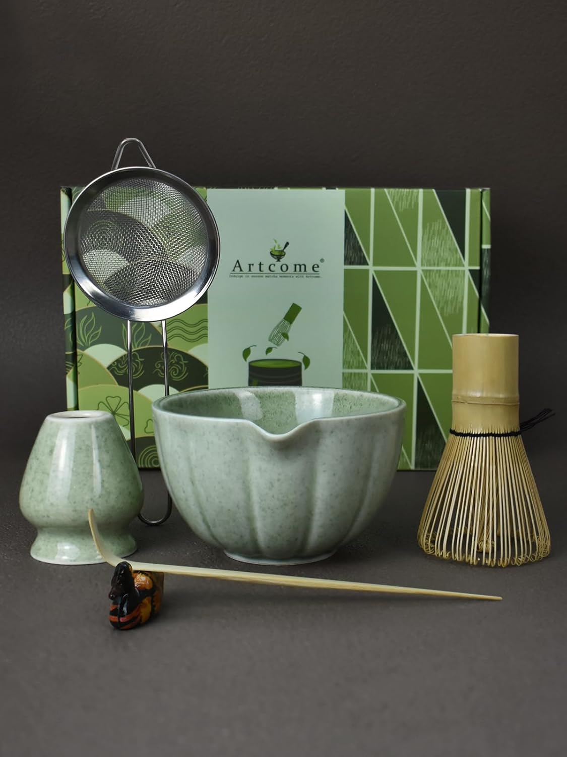 Artcome Japanese Matcha Set, Matcha Bowl with Pouring Spout, Matcha Whisk, Tea Scoop, Whisk Holder, Handmade Matcha Ceremony Kit For Japanese Tea Ceremony