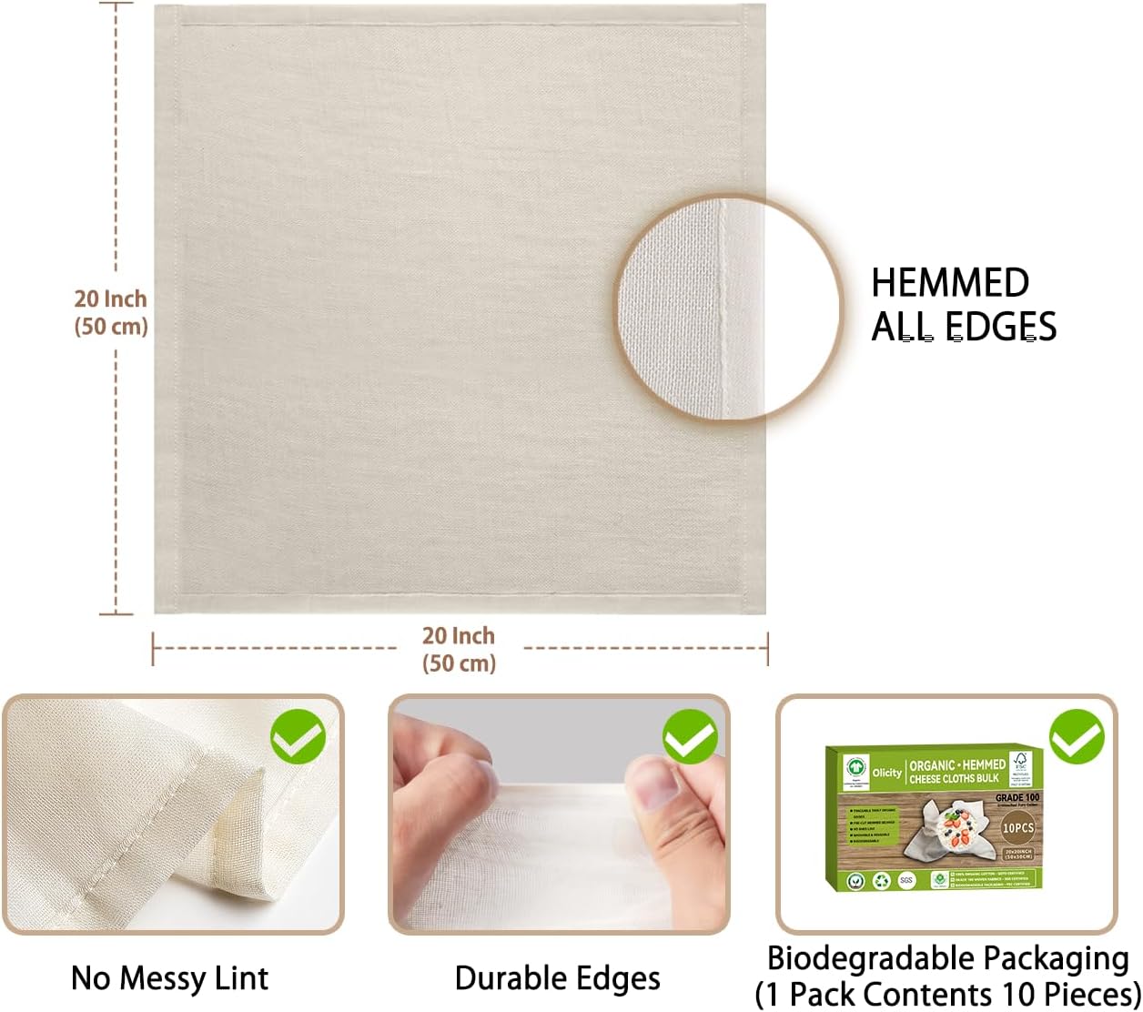 Organic Cheesecloth Bulk, GOTS Certified,10PCS,Grade 100,20x20Inch Hemmed Cheese Cloths Fabric Reusable Fine Mesh Cloth,100% Cotton Unbleached Muslin Bulk Cheesecloth Roll for Straining,Cooking,Yogurt