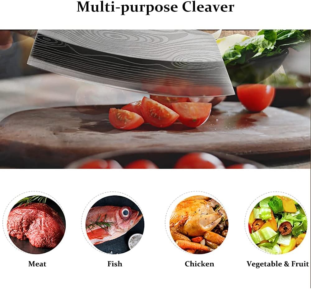 Cleaver Knife, Chinese Chef's slicing Knife, Razor sharp HC German Stainless Steel blade with lasered damascus pattern, pearwood Handle, Kitchen Gift