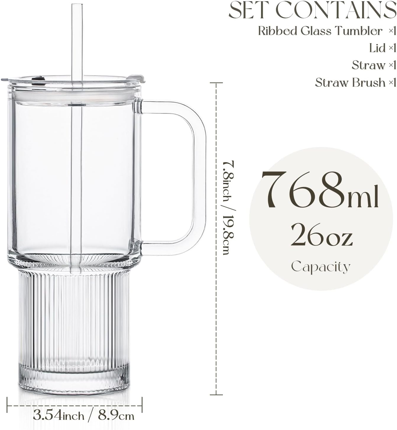 KEMORELA 26oz Ribbed Glass Mug with Handle and Lid – Large Clear Tumbler for Iced Coffee, Tea, Smoothies & Hot Drinks, Reusable Glass Cup with Straw, Dishwasher Safe, Travel Friendly