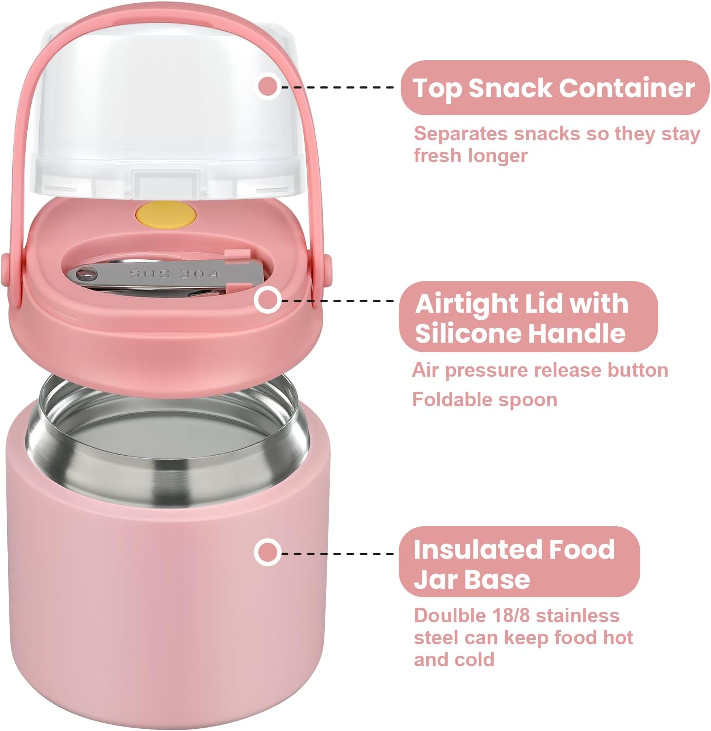 2-in-1 Insulated Food Jar & Snack Container - 15oz Kids Soup Thermos for Hot Food with Handle and Spoon, Leak Proof Reusable Toddler Snack Box, Perfect for School & Travel, Pink