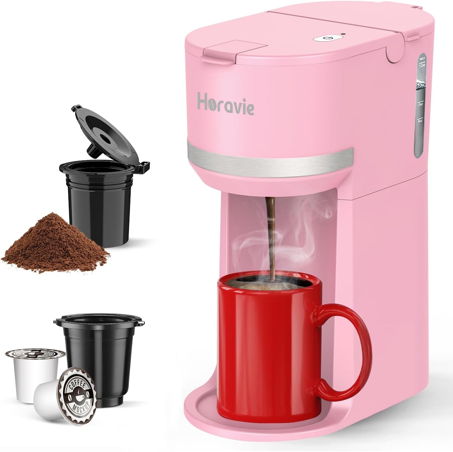 Mini Single Serve Coffee Maker for K Cup and Ground Coffee, Fast Brew One Cup Coffee Machine with Descaling Reminder and Water Window, 6 to 12 oz. Brew Sizes, Pink