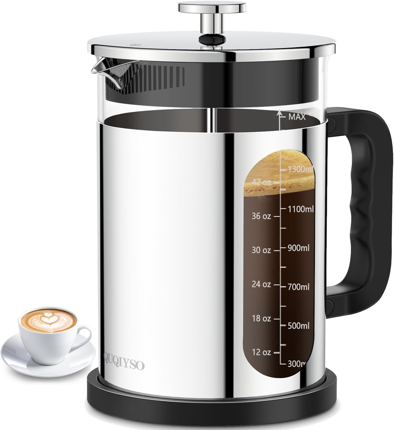 QUQIYSO French Press Coffee Maker 51oz 304 Stainless Steel French Press with 4 Filter, Borosilicate Glass Coffee Press